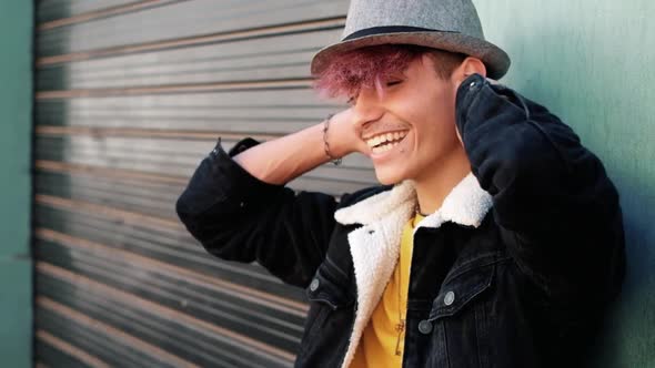 Portrait with alternative handsome generation z young man face - teenager smile and have fun alt