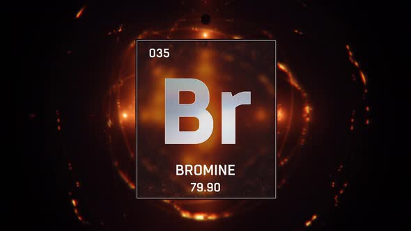 Bromine as Element 35 of the Periodic Table 3D animation on orange background