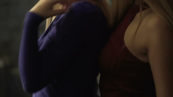 Sexy Bisexual Girls Making Seductive Moves to Music at Party, Taking Off Coats alt