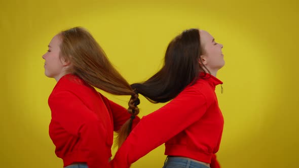 Side View Young Twin Sisters with Braided Hair Trying Disconnect alt