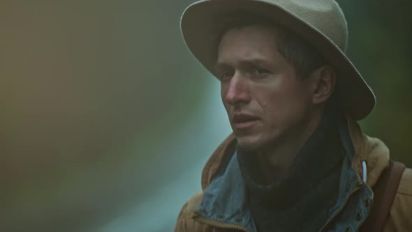 Close Up Portrait of Man Hitchhiker Wearing in Retro Style alt