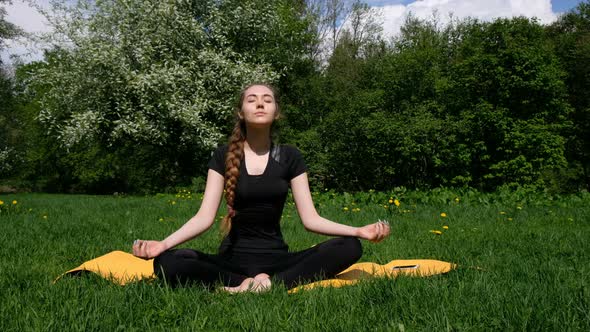 Beautiful Young Girl Meditates on a Rug for Yoga in a Park in Summer alt