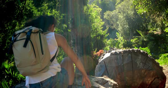 Woman walking on log in park alt