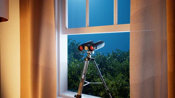 Binoculars in a window. Spying technology. Spy gear. Observation equipment. alt
