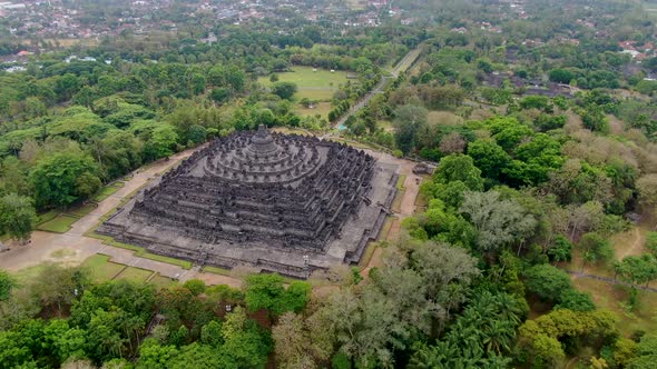 Javanese landmark, ancient Buddhist temple Borobudur, Indonesia, aerial view alt