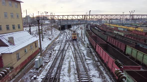 Railway Tracks with Freight Trains, a Locomotive