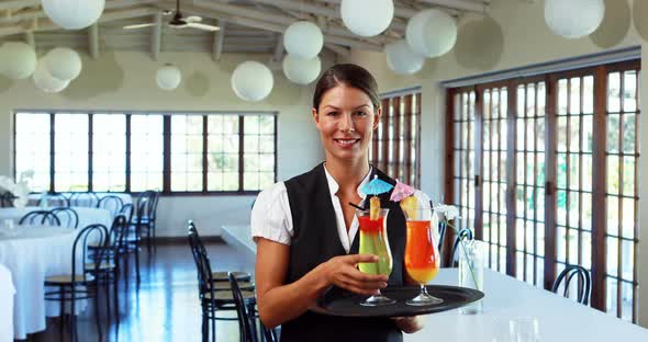 Smiling waitress offering a cocktail drink alt