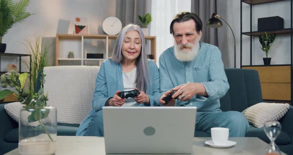 Old Couple Having Fun at Gaming on Laptop Using Joysticks, Woman Celebrating Victory alt