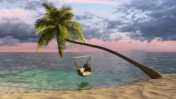 Tropical island in the sea and a hammock on a palm tree.
