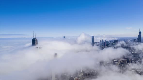 Fog Over Chicago Cityscape - Aerial Hyper Lapse