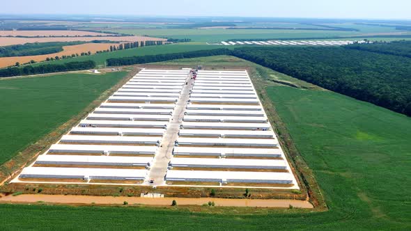 Aerial drone view of industrial poultry farm alt