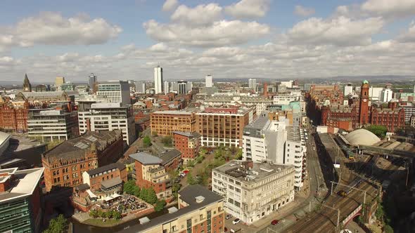 Manchester UK Aerial View Crane Shot With Train Arrival alt