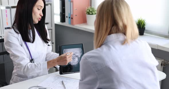 Otorhinolaryngologist Shows Patient Picture of Skull with Paranasal Sinuses on Tablet  Movie alt