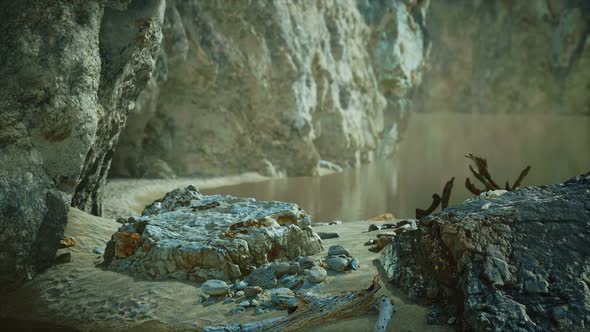 Seascape with White Rocky Cliffs in Sea Bay alt