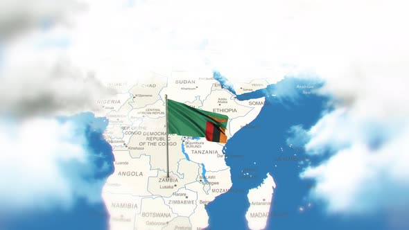 Zambia Map And Flag With Clouds