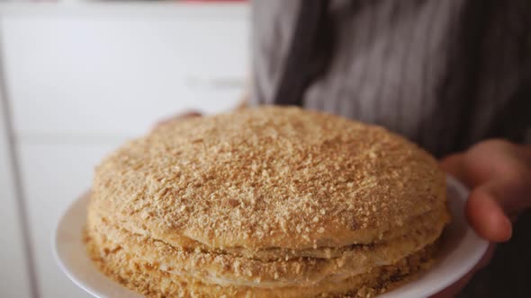 Homemade Homemade Honey Cake in the Hands. Woman Holding Sweet Food Against the Background of a alt