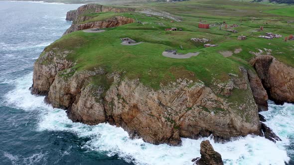 Aerial View of the Ruins of Lenan Head Fort at the North Coast of County Donegal Ireland alt