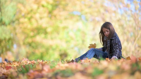  girl in a coat sits on a lawn and collects dry fallen leaves