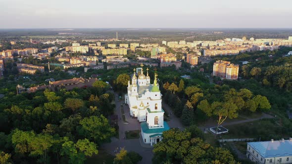 Poltava city Holy Assumption Cathedral Aerial Panorama View in the Evening