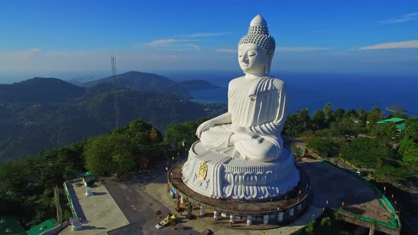 Aerial View At Phuket Big Buddha Viewpoint Blue Sea Background. alt