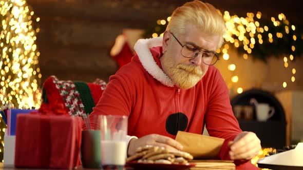 Santa Claus Reading Wish List in Room Decorated for Christmas. alt