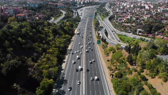 Aerial view of busy highway with car traffic in Istanbul, Turkey