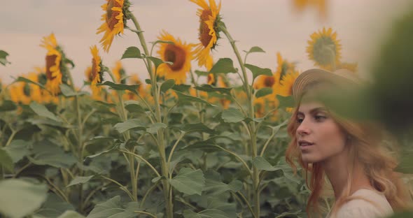 Nice Girl in a Hat is Walking on a Sunflower Field