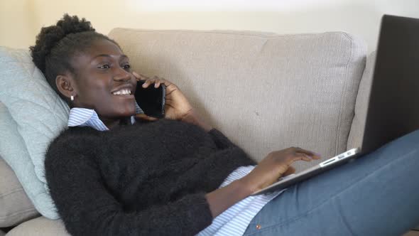 Smiling Female Speaking By Smartphone in Flat alt