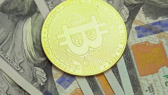 Bitcoin BTC Coin Lies on US Dollars Digital Coin Cyberspace Cryptocurrency Background Bitcoin and alt