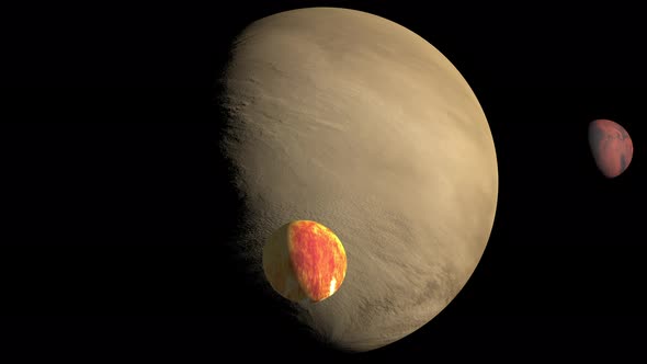 Animation of a large planet with two smaller planets, sunlight shifting round the planet. alt