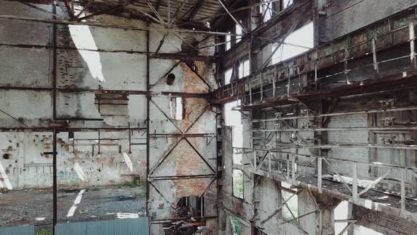 Aerial view of the ruined buildings from the war. Factory ruins alt