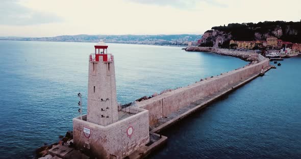 Nice, France, Aerial Footage of Lighthouse. Beautiful Sunrise Above the Mediterranean Sea. Cote D