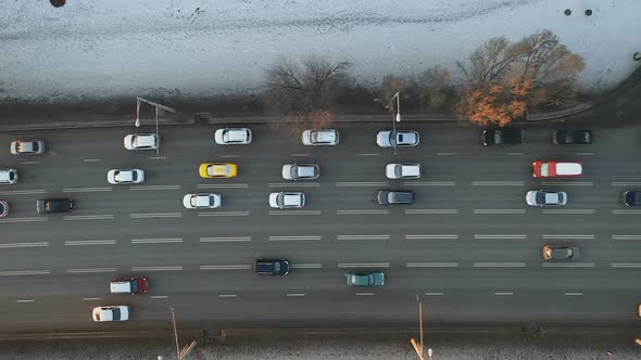 Aerial Drone View of Roads. Aerial View of the City at Cold Winter