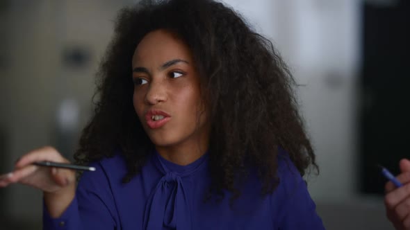 Afro Woman Ceo Talking Business Development Information in Office Workplace alt