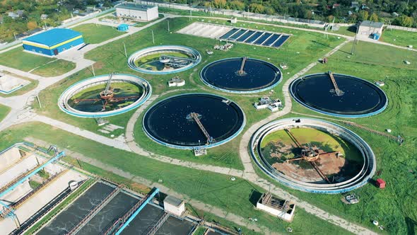 Aerial Shot of Circular Clarifiers Located at a Wastewater Treatment Plant alt