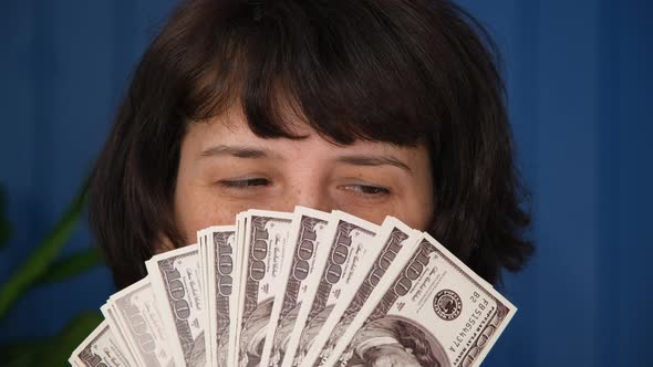 Close Up Middle Aged Woman Holding in Hands Money Cash Dollars