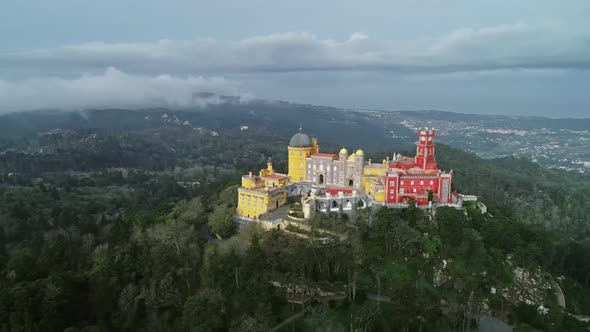 Aerial Around View of Pena Palace in Sintra alt