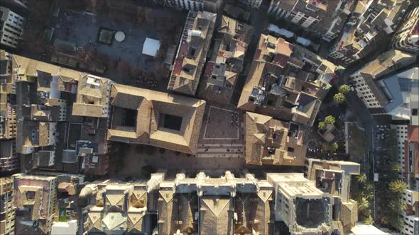 Top down aerial view shows layout and surrounding city of Granada Cathedral