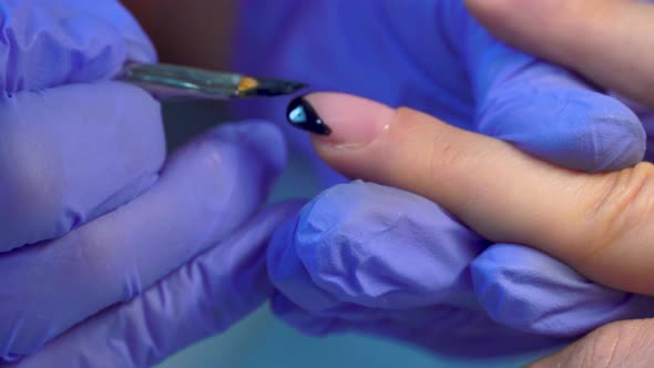 close-up of a manicurist paints a black French on the client's nails with a brush. alt