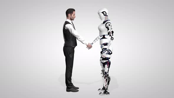 Businessman Shaking Hands with a Woman Robot with Artificial Intelligence alt