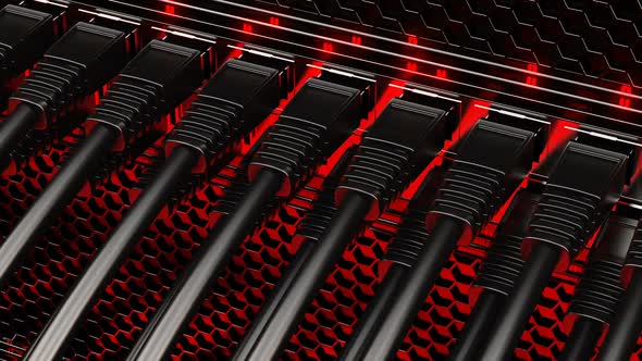 Ethernet cables connected to the network switch. Orange Led lights flashing. HD alt