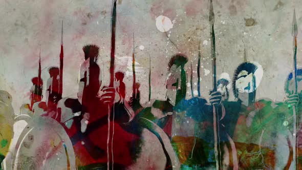 Army Of Spartan Warriors In Battle Position Grunge Style alt
