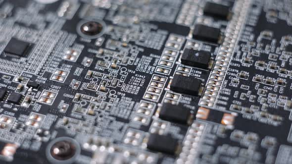 graphics card GPU circuit board, capacitors and fuses, microchip and transistor, processor CPU alt