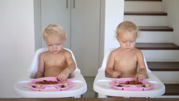 Mom Serving Healthy Plant Based Lunches to Her Twin Children Sitting in High Feeding Chairs alt