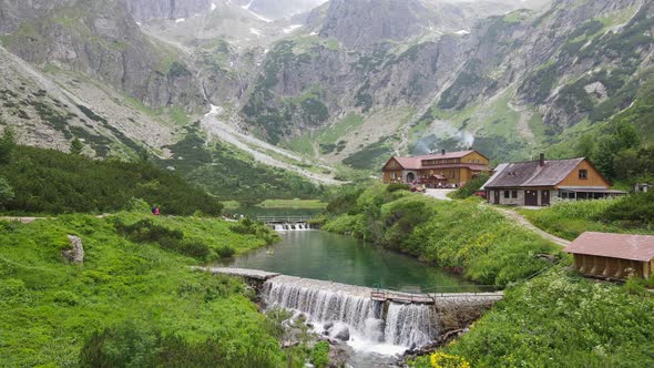 Aerial view of the lake Zelene pleso in the High Tatras in Slovakia alt
