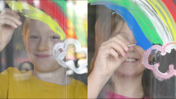 boy and girl are drawing rainbow on the home's windows in during coronavirus lockdown alt