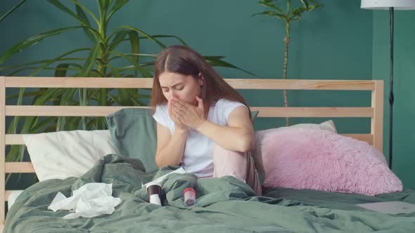 A Young Woman is Ill At Home Has Severe Coughing Attacks Bacteria Virus Fever alt
