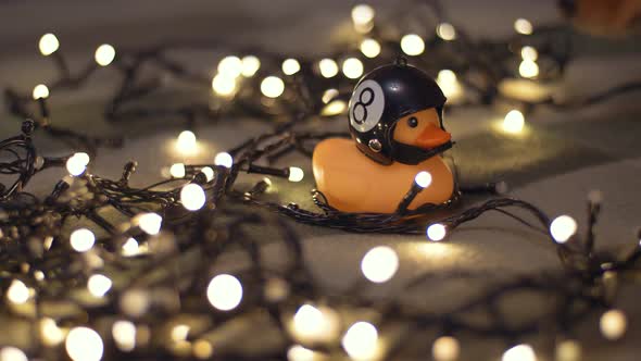 Closeup Shot of Rubber Duck in Hand Made Motorcycle Helmet on Background of Christmas Garland alt