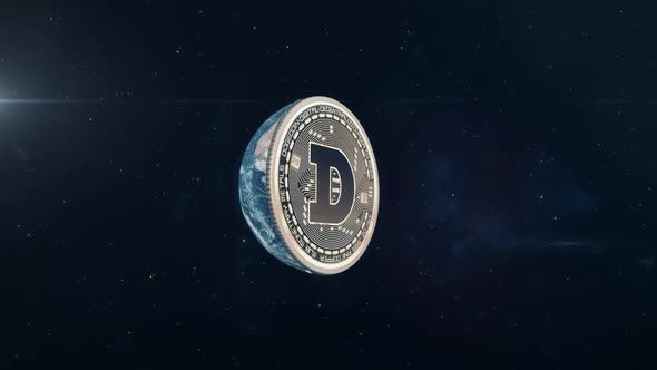 Dogecoin - Planet Earth Rotating to Reveal Cryptocurrency Coin alt