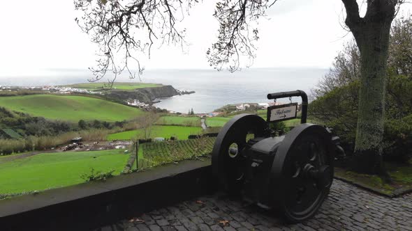 Reveal of beautiful coastal village on Atlantic Ocean shore, Sao Miguel Island , Azores alt